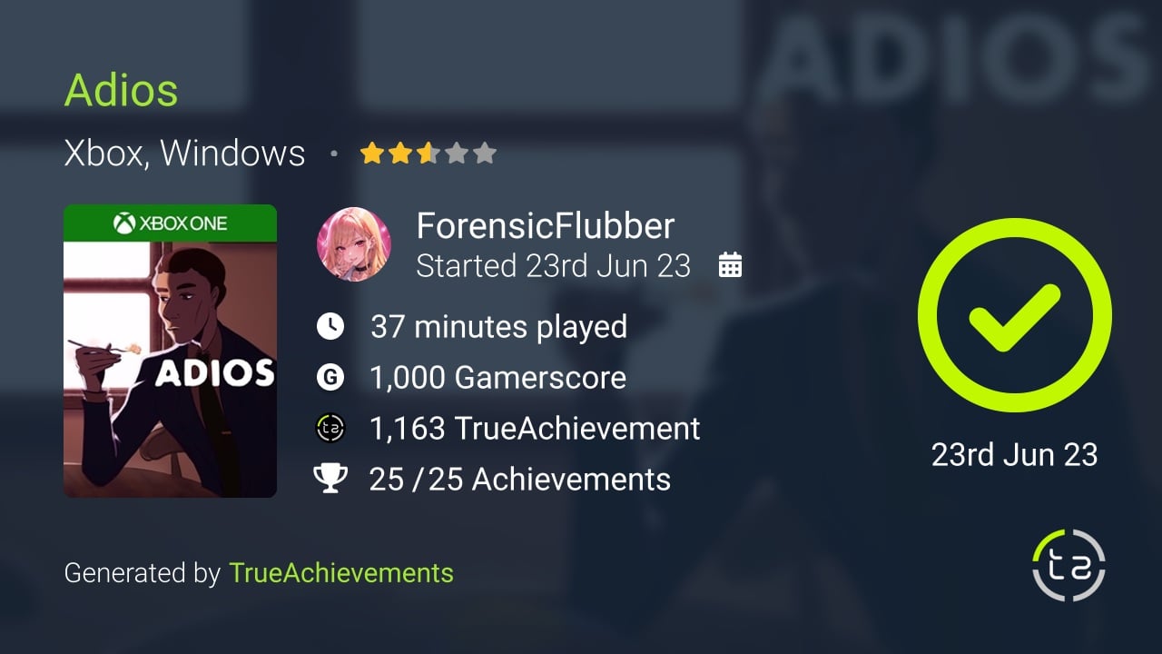 Adios achievement summary