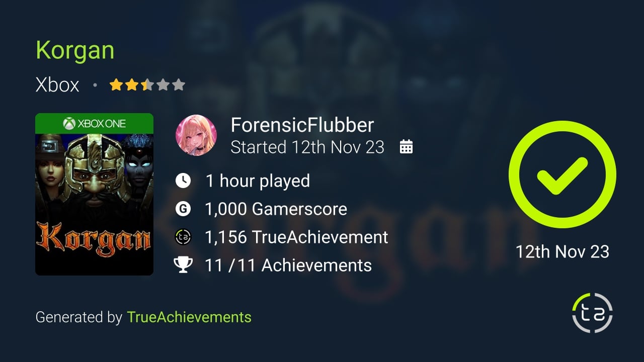 Korgan achievement summary